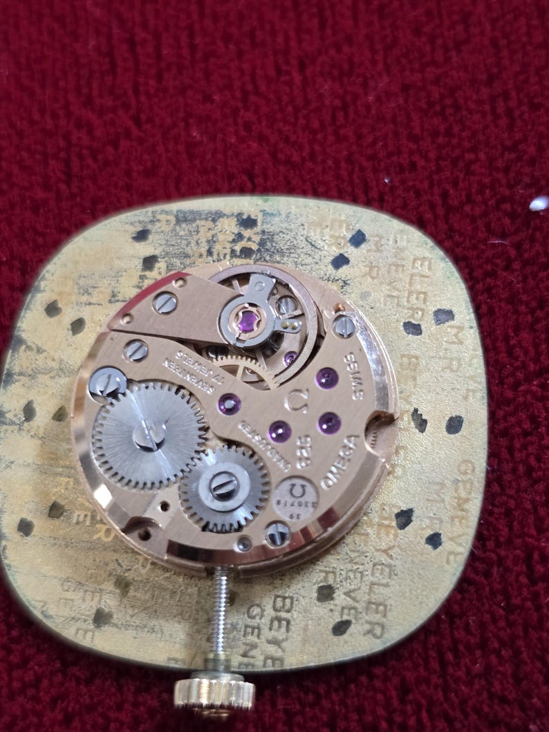 Pu&ograve; includere: Primo piano del movimento di un orologio Omega vintage, che mostra ingranaggi intricati, gioielli e il logo Omega. Il meccanismo dorato &egrave; posto su una base dorata con testo. Un esempio di ingegneria di precisione.
