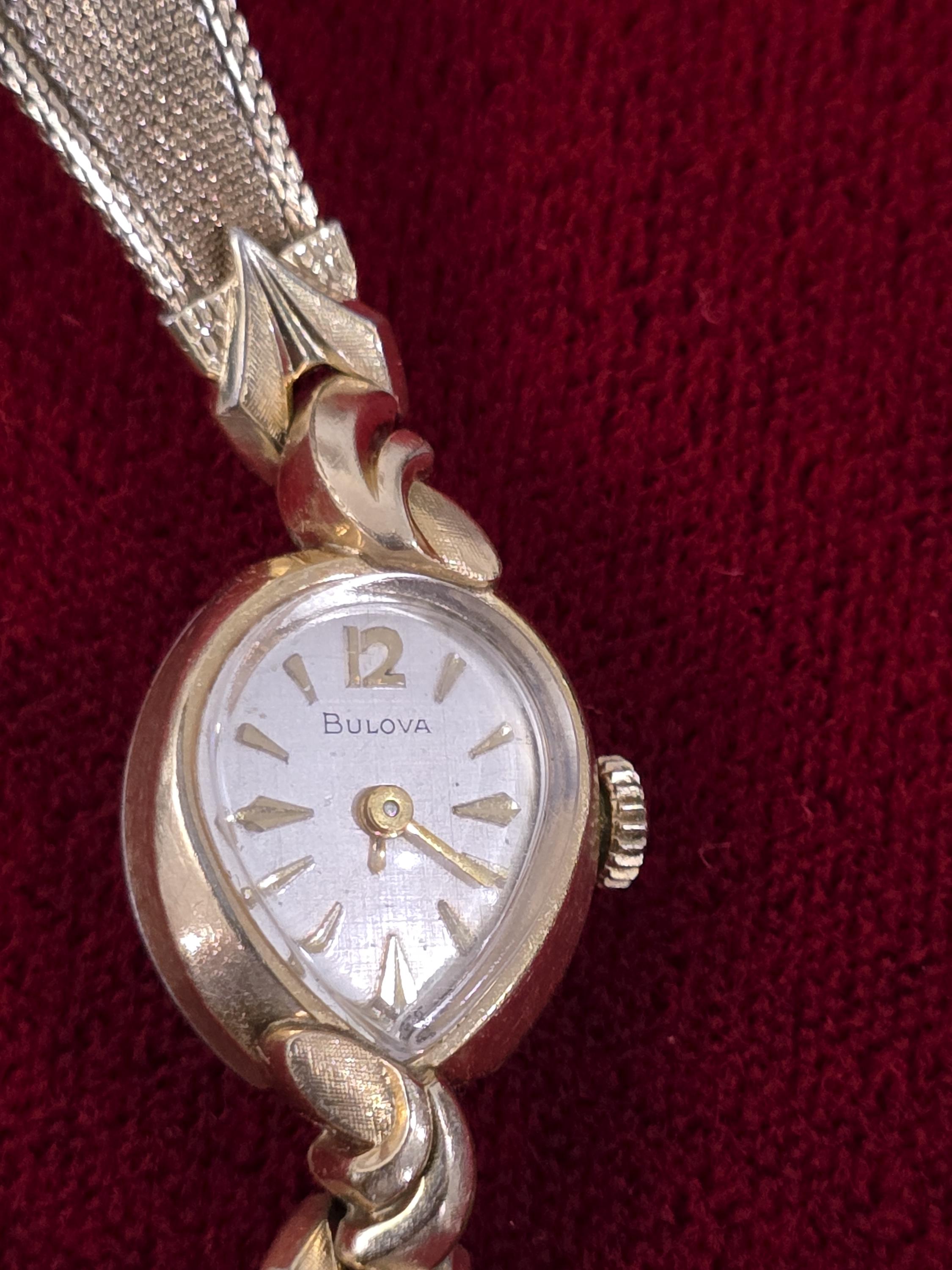 Vintage Bulova ladies teardrop shaped white gold filled mechanical watch Bulova Women main image 4