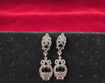 925 Sterling Silver Black Stone Dangle Earrings Elegant Vintage Style Statement Earrings