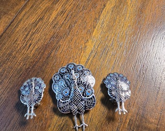 Vintage SIAN Sterling Silver Peacock Brooch & Earrings Set – Colorful Enamel Peacock Jewelry – Matching Bird Pin and Earrings – Collectible