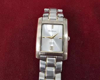 Vintage Armitron Diamond Quartz Watch Large Rectangular Two Tone Original Bracelet Date