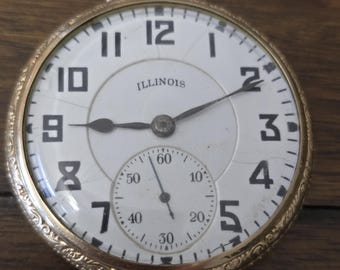 Antique Illinois Watch Company Pocket Watch 10K Gold Filled – Balance Broken – For Repair or Parts