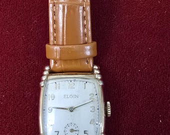 Vintage Elgin Watch Gold Filled Art Deco Style Small Seconds Classic Rectangular Watch Leather Strap