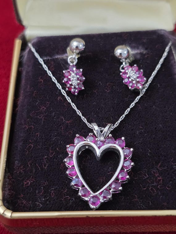 14K Solid Gold Ruby Heart Necklace and Earrings S… - image 1