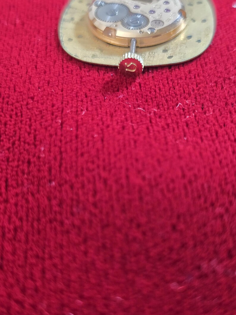 Pu&ograve; includere: Primo piano di un movimento di orologio con base dorata e ingranaggi argentati. La corona, con il logo Omega rosso, &egrave; visibile. Sfondo rosso strutturato.