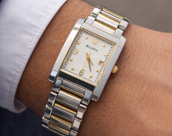 Vintage Bulova Two Tone Watch – Rectangular Tank Style, Date Window ...