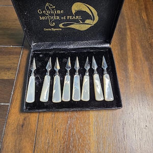 Antique German Mother of Pearl Corn Spears Set of 8 w/ Original Box 1930s Tableware