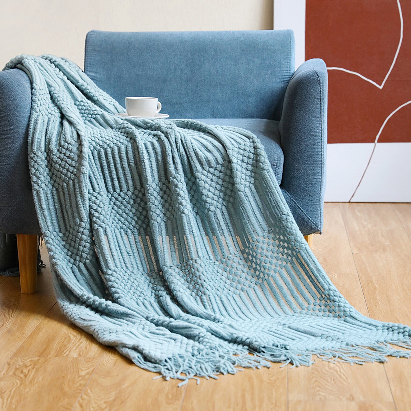 Light Blue / Light Turquoise / Blue Knitted Throw Blanket Etsy