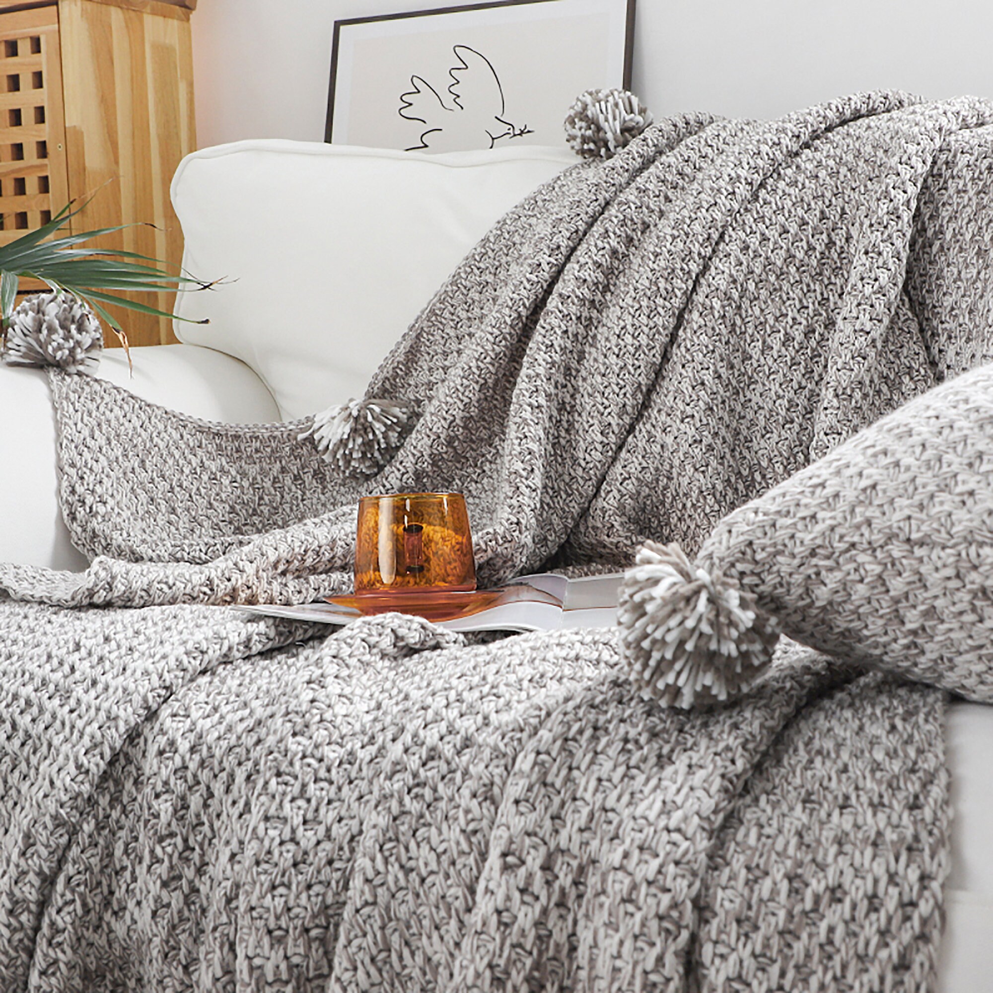 Grey Knitted Throw with Pompoms Grey Knitted pillow with Etsy