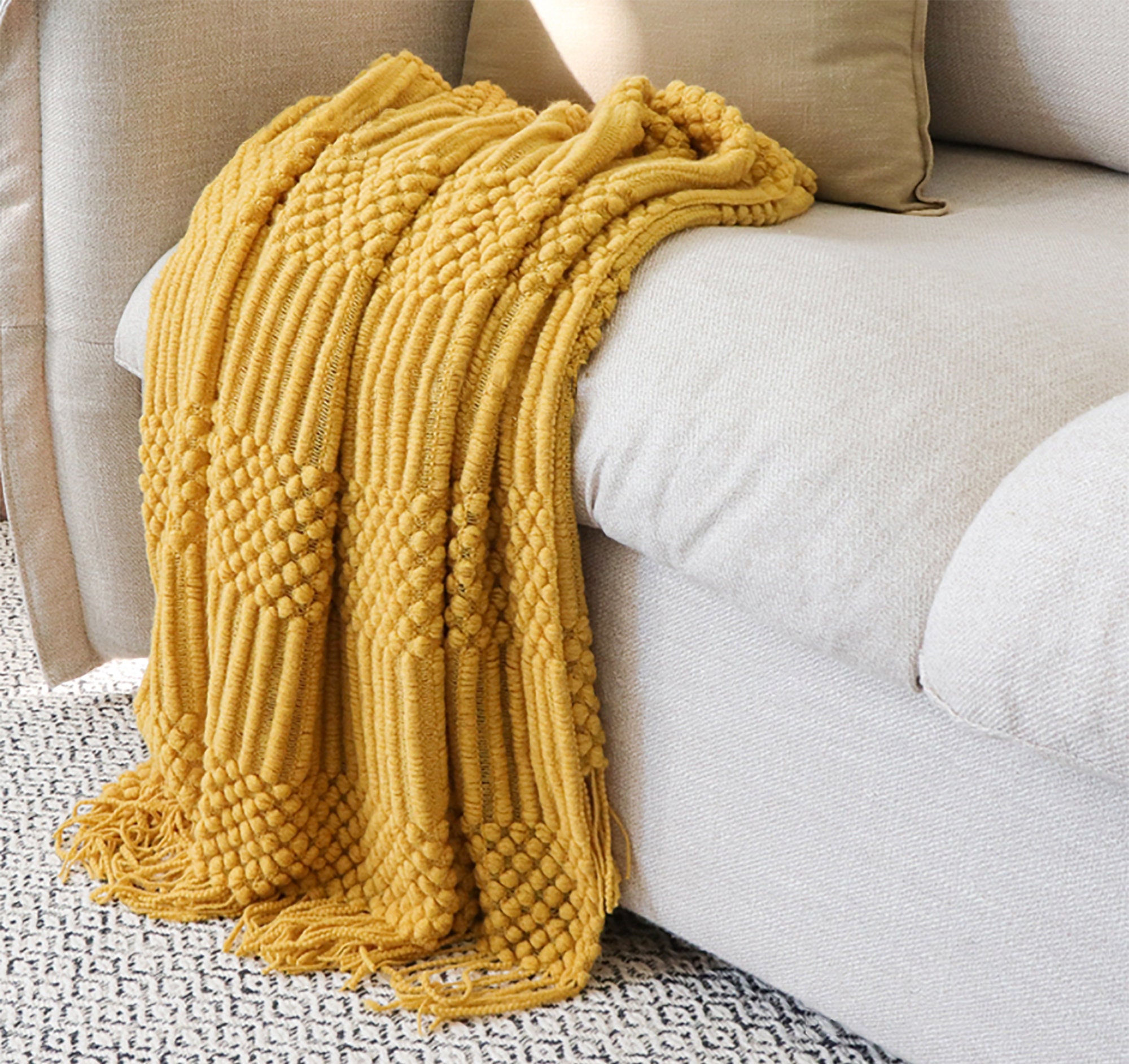 Yellow / Cream White Knitted Throw Blanket Nordic Woven Etsy