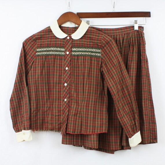 1940s 1950s Vintage Girls Skirt & Top Set Red Gree
