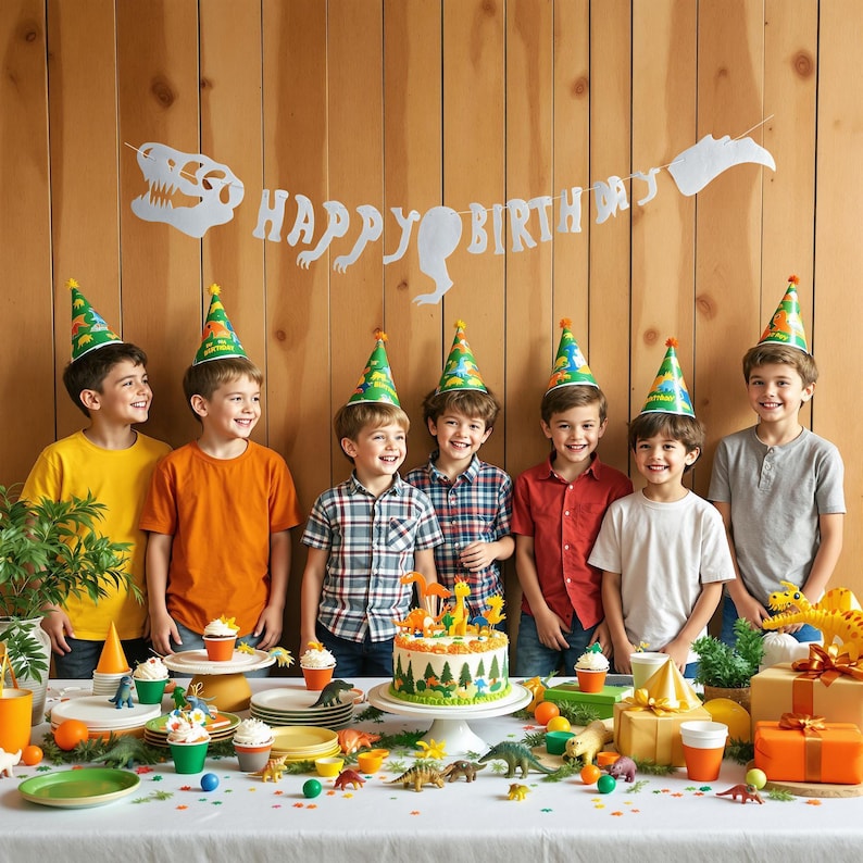 May include: A group of children wearing dinosaur-themed party hats stand in front of a wooden wall with a banner that reads "Happy Birthday". They are celebrating with a dinosaur-themed cake, cupcakes, and other decorations.