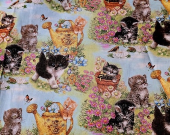 Cute Kittens in Garden 100% Cotton Fabric Remnant – 1 1/3 Yards | Cat Print Quilting Fabric | Floral Kitty Sewing Fabric | One Piece Only