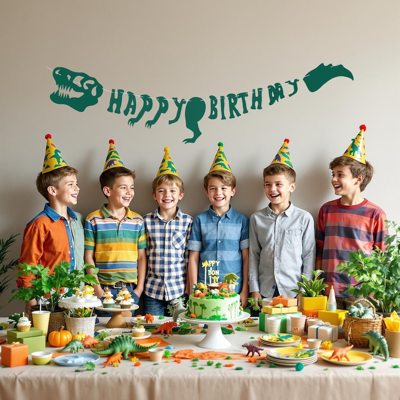 May include: A green dinosaur-themed birthday banner with the words "Happy Birthday" hangs above a table with a green and brown dinosaur cake, green and brown dinosaur toys, and six children wearing green and yellow dinosaur party hats.
