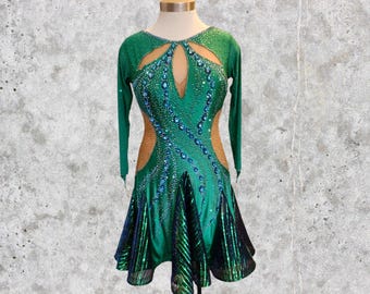 Green Sequin Latin Ballroom Dress: Rhinestone Dance Costume
