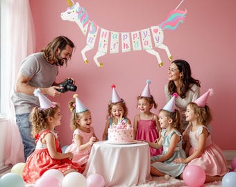 Banner de cumpleaños de unicornio arcoíris: decoración de fiesta pastel, reutilizable