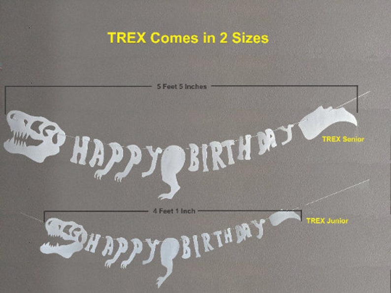 May include: White paper dinosaur banner that says "HAPPY BIRTHDAY" with two sizes available: 5 feet 5 inches and 4 feet 1 inch. The larger banner is labeled "TREX Senior" and the smaller banner is labeled "TREX Junior".
