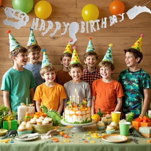 May include: A group of children wearing dinosaur-themed party hats celebrate a birthday with a dinosaur cake and decorations. The banner reads "Happy Birthday".