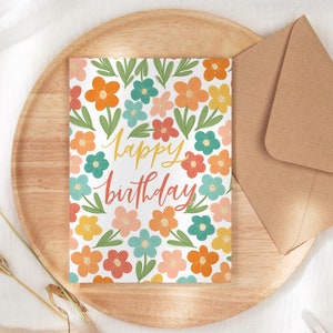 Cartão de feliz aniversário com flor de arco-íris | Cartão de aniversário em branco, Cartão de aniversário para ela, Cartão de aniversário floral, Cartão de aniversário minimalista
