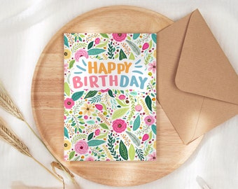 Bright Flower Happy Birthday Card | Floral Birthday Card, Birthday Card for Her, Mom Birthday Card, Daughter Birthday Card for Friend