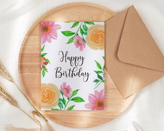 Rosa Blumen alles Gute zum Geburtstagkarte | Leere Geburtstagskarte, Geburtstagskarte für Sie, einfache Geburtstagskarte, minimale Geburtstagskarte