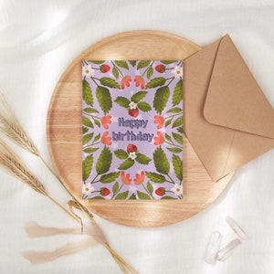 Carte de joyeux anniversaire de fleur de fraise | Carte d'anniversaire vierge, carte d'anniversaire pour elle, carte d'anniversaire simple, carte d'anniversaire minimale