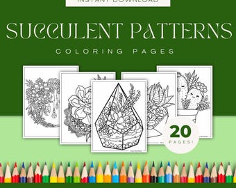 May include: A set of 20 printable coloring pages featuring succulent plant patterns. The pages include various designs, such as succulents in a geometric terrarium, a succulent wreath, and a cartoon succulent with a smiling face.