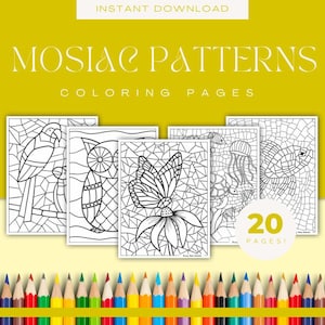 20 Mosaic Patters Coloring Pages | Printable PDF | Mosaic Inspired Art | Black and White Coloring Page |  Coloring Book for Adults & Kids