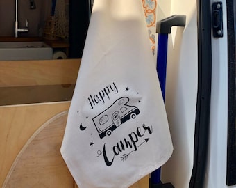 Camping Geschirrtuch – Camper Geschenk – Wohnmobil Geschirrtuch – Happy Camper – Geschenk Campingfreunde – Küchendeko – Vanlife Geschenk