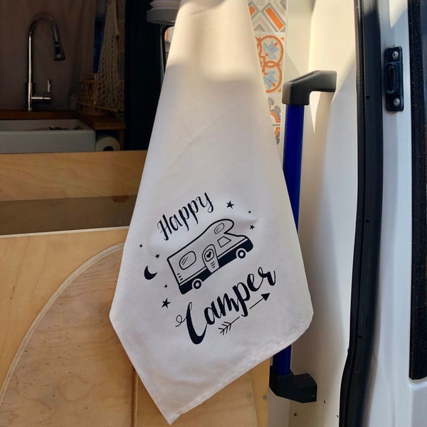 Camping Geschirrtuch – Camper Geschenk – Wohnmobil Geschirrtuch – Happy Camper – Geschenk Campingfreunde – Küchendeko – Vanlife Geschenk