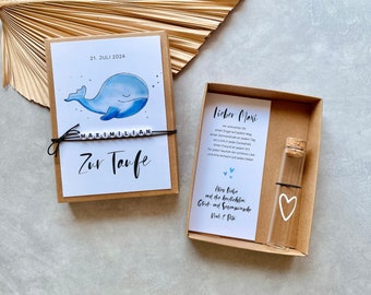 Geschenkschachtel Wal Blau mit süßer Namenkette – Taufgeschenk Wal – Geldgeschenk zur Taufe – personalisiert mit Namen