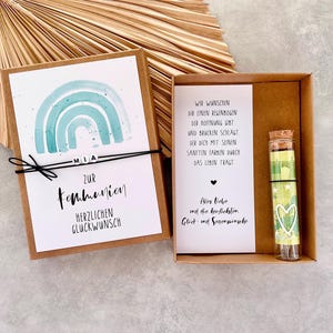 Geldgeschenk zur Kommunion / Konfirmation, Taufe mit Namenkette, Regenbogen Mint, Geschenkschachtel zur Kommunion, personalisiertes Geschenk