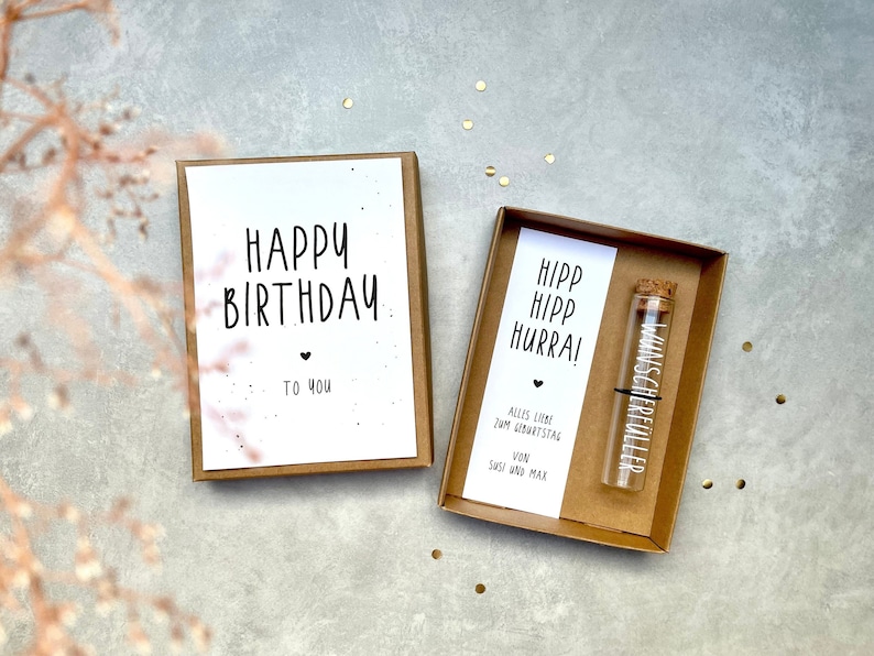 Geldgeschenk zum Geburtstag mit Reagenzglas Wunscherfüller zum runden Geburtstag Geldgeschenk Reise personalisierte Geschenkbox HippHippHurra+ZUSATZ