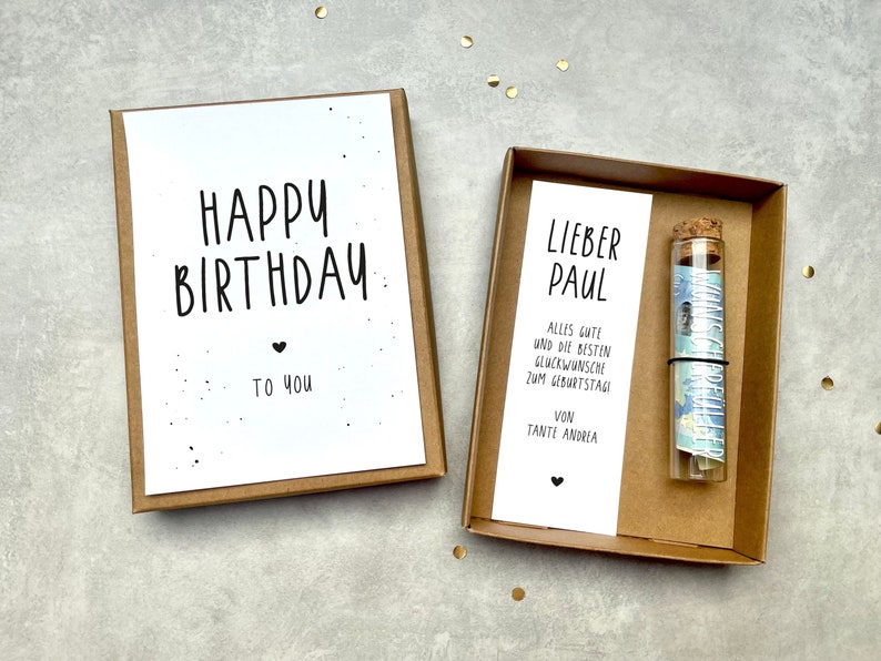 Geldgeschenk zum Geburtstag mit Reagenzglas Wunscherfüller zum runden Geburtstag Geldgeschenk Reise personalisierte Geschenkbox Liebe/r (Name)