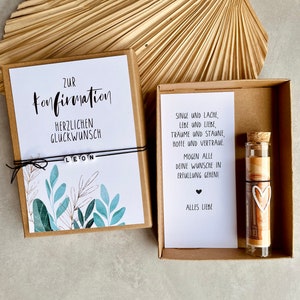 Eukalyptus Geldgeschenk zur Konfirmation, Kommunion oder Jugendweihe – Geschenkschachtel personalisiert mit Namen als Perlenkette