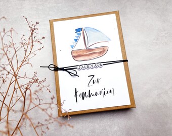 Geschenkschachtel zur Kommunion / Konfirmation mit Namenkette, Schiff Blau – Geldgeschenk zur Kommunion – personalisiertes Geschenk Junge