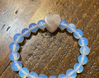 8mm Opalite beaded bracelet with a Rose Quartz heart.