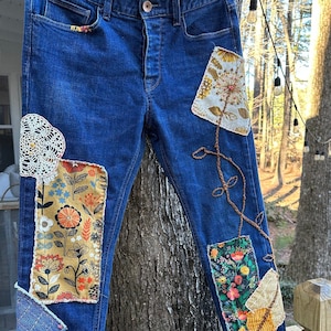 Slow Stitched, Patched Embroidered Boyfriend Jeans, Upcycled Men's Levi ...