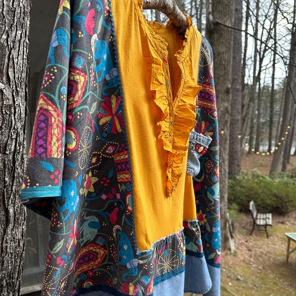 Boho mustard, denim ‘n multi-colored poncho tunic, Women's colorful free-size refashioned hippie poncho