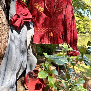 Paisley print peasant blouse, Custom crocheted flower accents, Boho year-round top with peplum hem