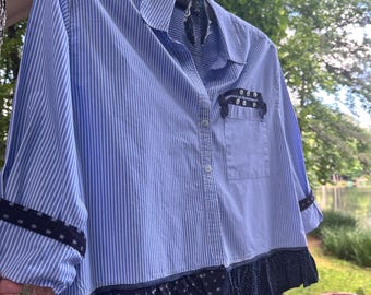 Upcycled Blue Striped Shirt: Cropped Boho Style with Japanese Indigo Fabrics