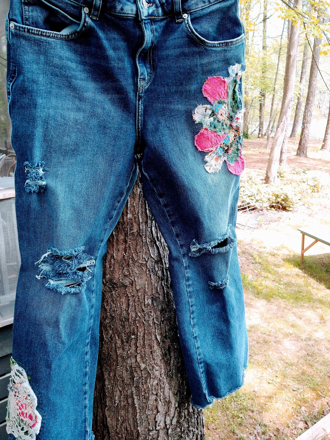 Customized Jeans Patchwork Embroidery Boho Distressed - Etsy