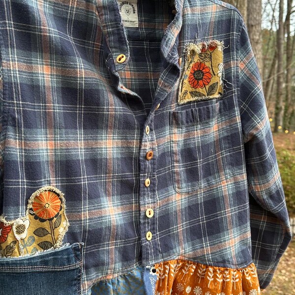 Soft blue and coral cropped plaid flannel; Reimagined over-sized boyfriend shirt - patched and embellished. Artsy, relaxed, funky.