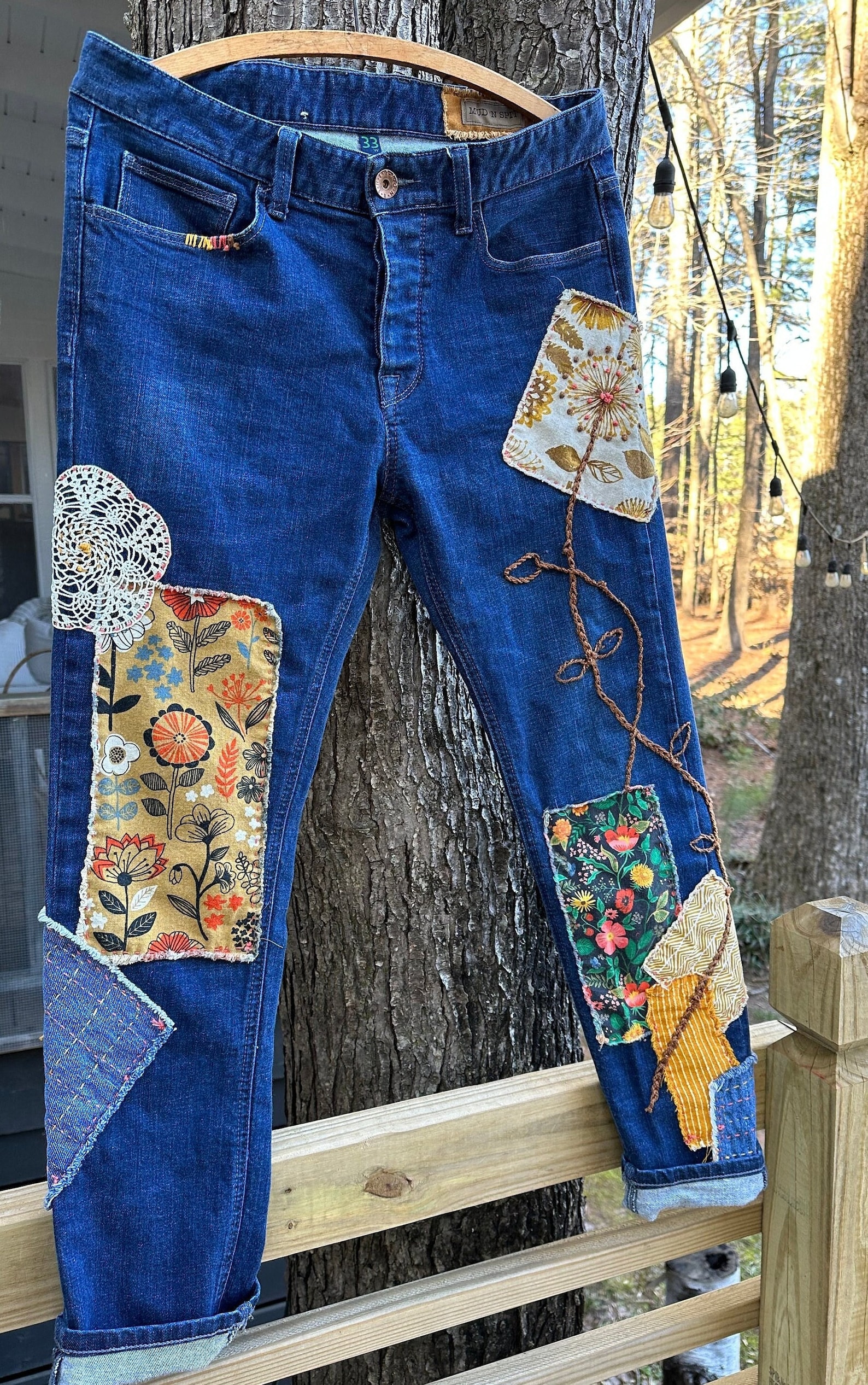 Slow Stitched, Patched Embroidered Boyfriend Jeans, Upcycled Men's Levi ...