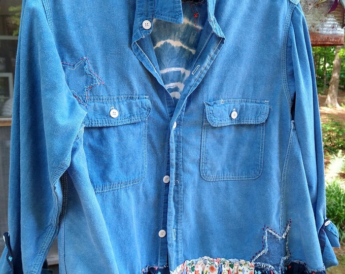 Denim Stars 'n Tie Dye Swing Shirt, Boho Embellished Farm Chic Denim