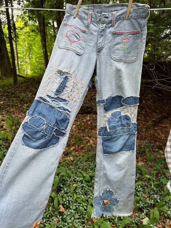 Authentic 1970s Vintage Hippy Patchwork Jeans Mended, Patched and