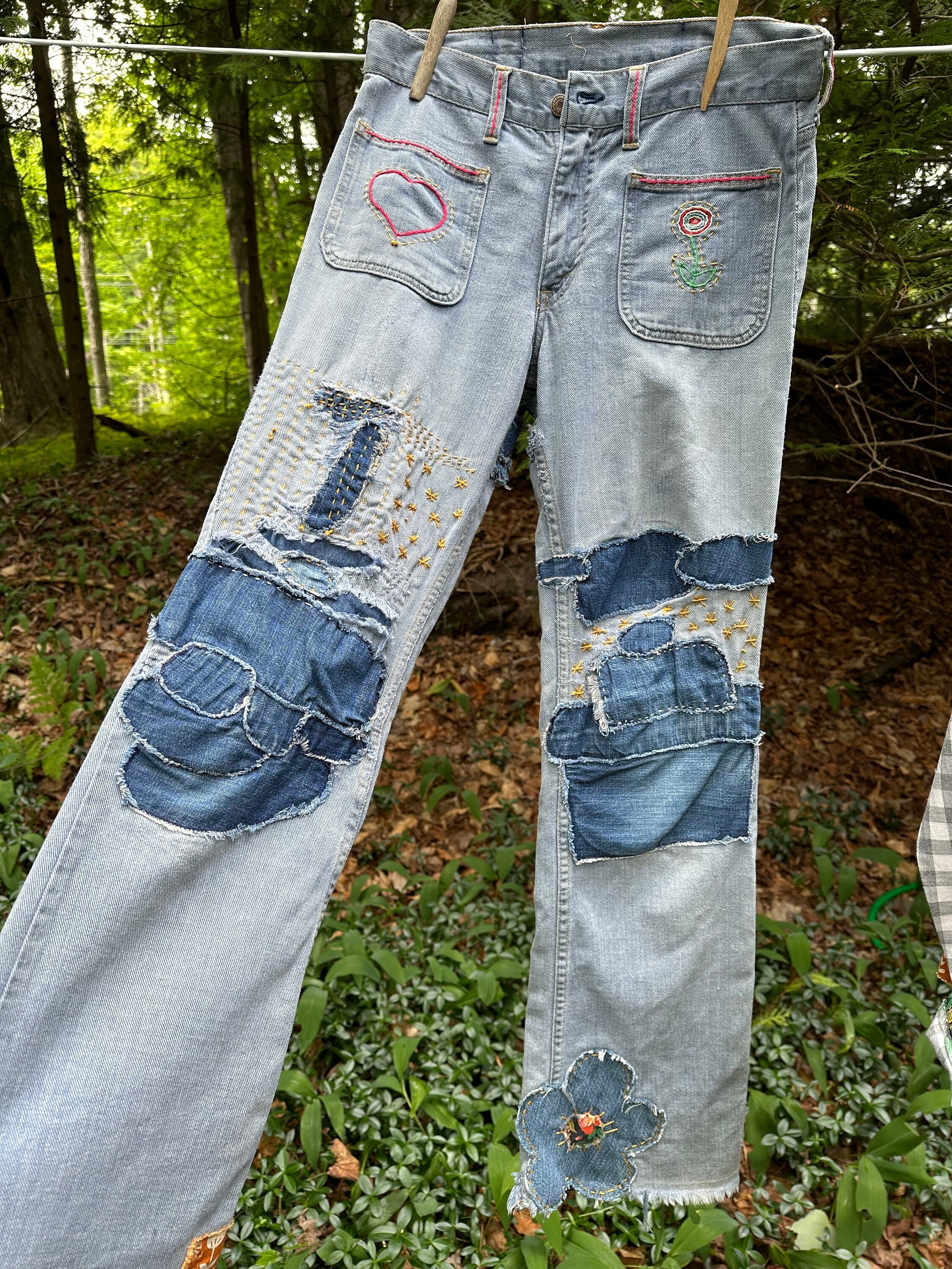 Authentic 1970s Vintage Hippy Patchwork Jeans Mended Authentic 1970s Vintage Hippy Patchwork Jeans Mended
