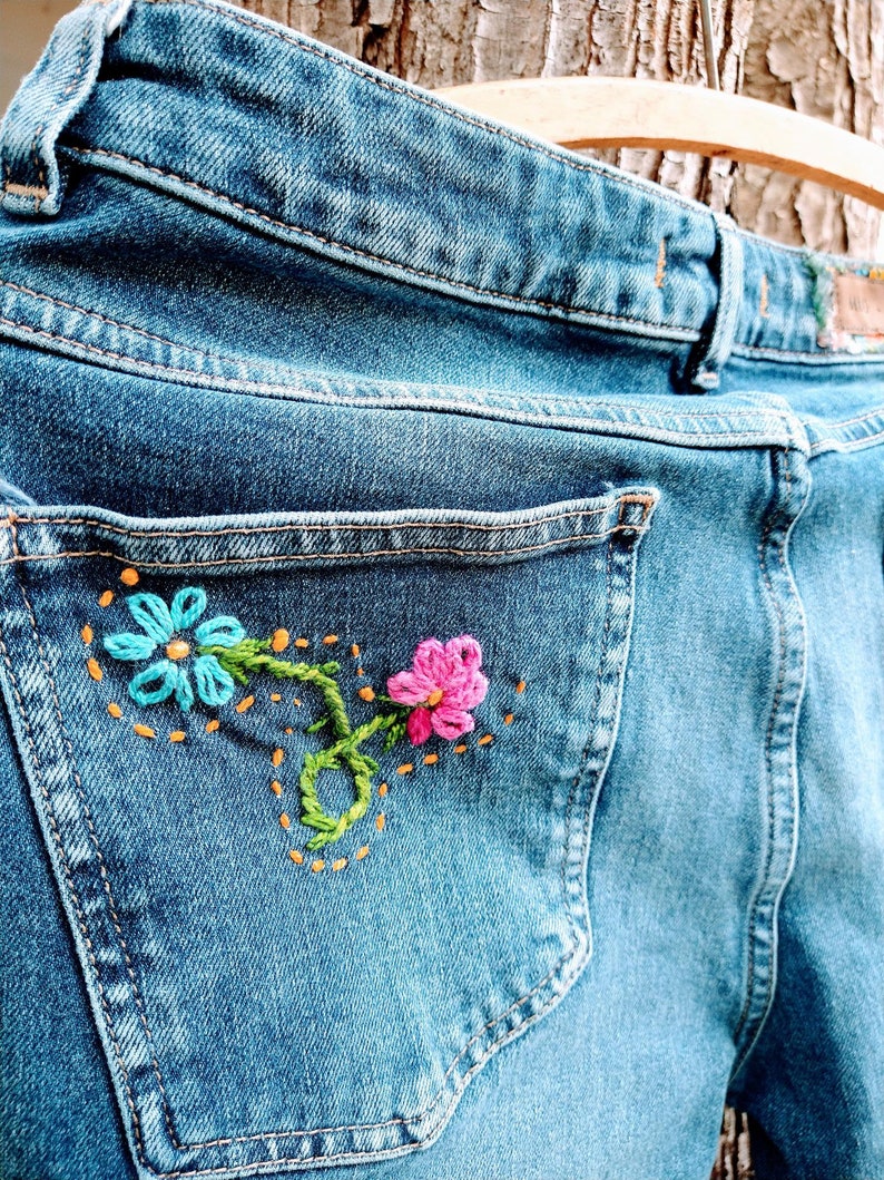 Customized Jeans Patchwork Embroidery Boho Distressed - Etsy
