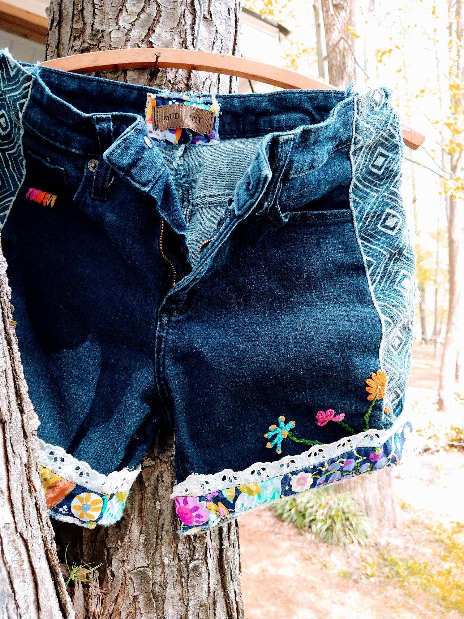 Up-cycled and Embroidered Jeans Shorts Refashioned and - Etsy