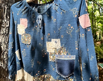 Floral patched and peasant top, Hand-stitched patched and embroidered dark blue top, Boho prairie style with genuine antique vintage lace.